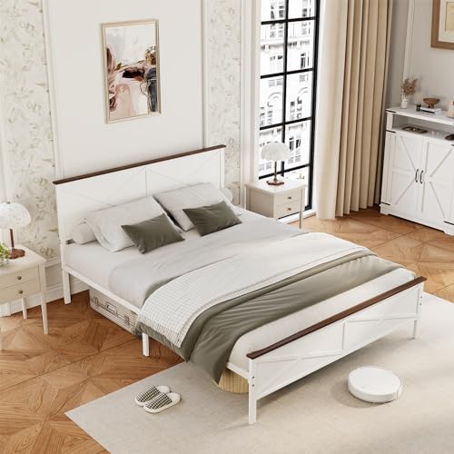 White Queen Size Metal Bed Frame with Headboard and Footboard U916