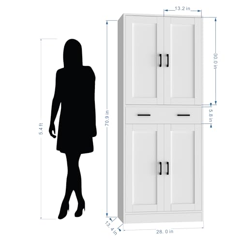 White 71" Tall Kitchen Storage Cabinet with doors and drawer M22337