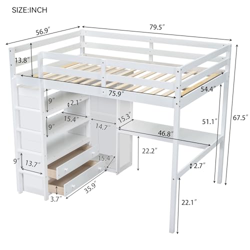 Full Size Solid Wood Loft Bed with Desk and Wardrobe K71112