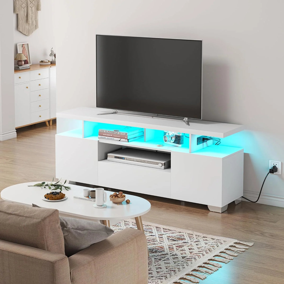 Modern TV Stand with Power Outlet and LED Lights J477