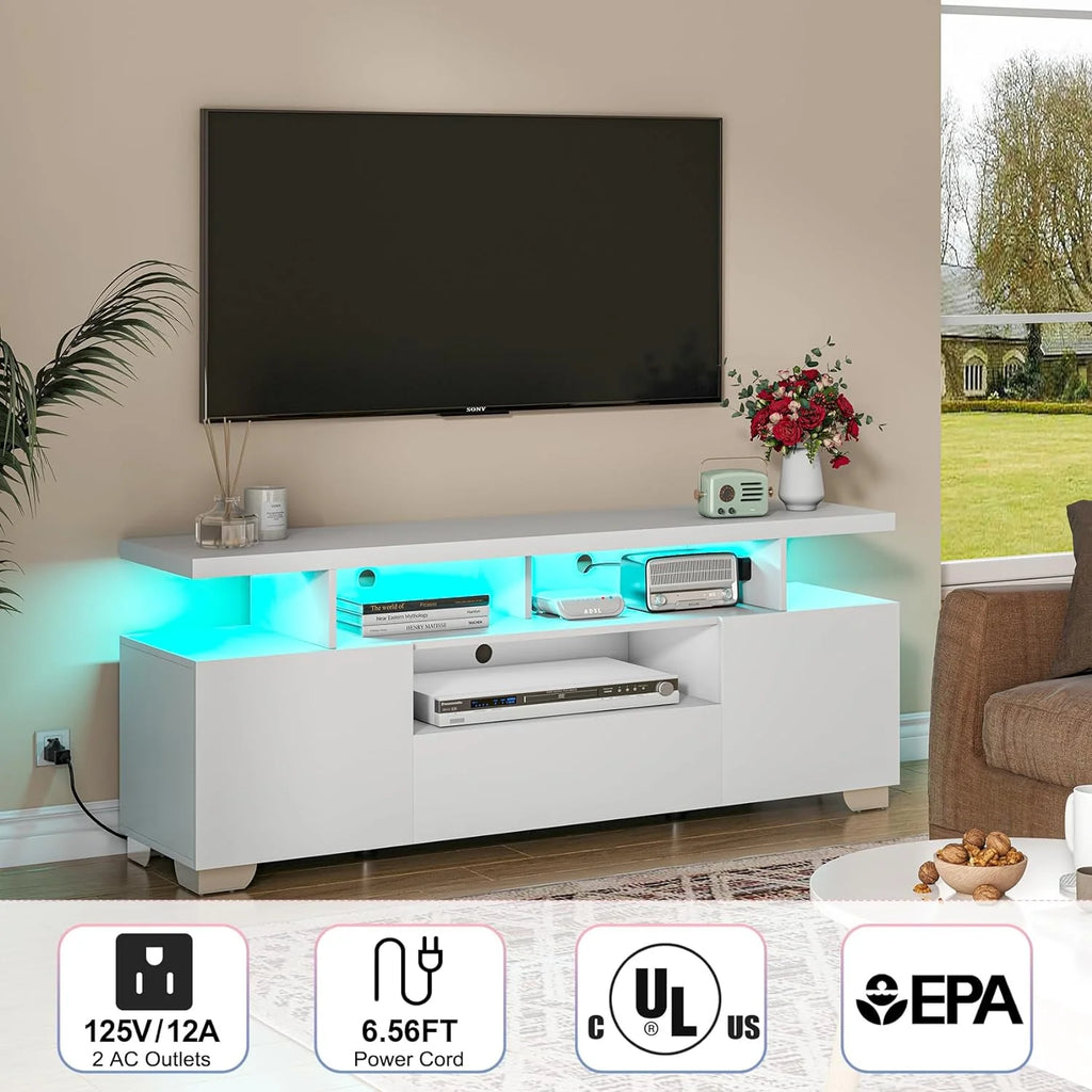 Modern TV Stand with Power Outlet and LED Lights J477