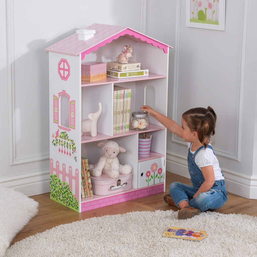 Wooden Dollhouse Bookcase with Shelves and Hidden Storage C914872
