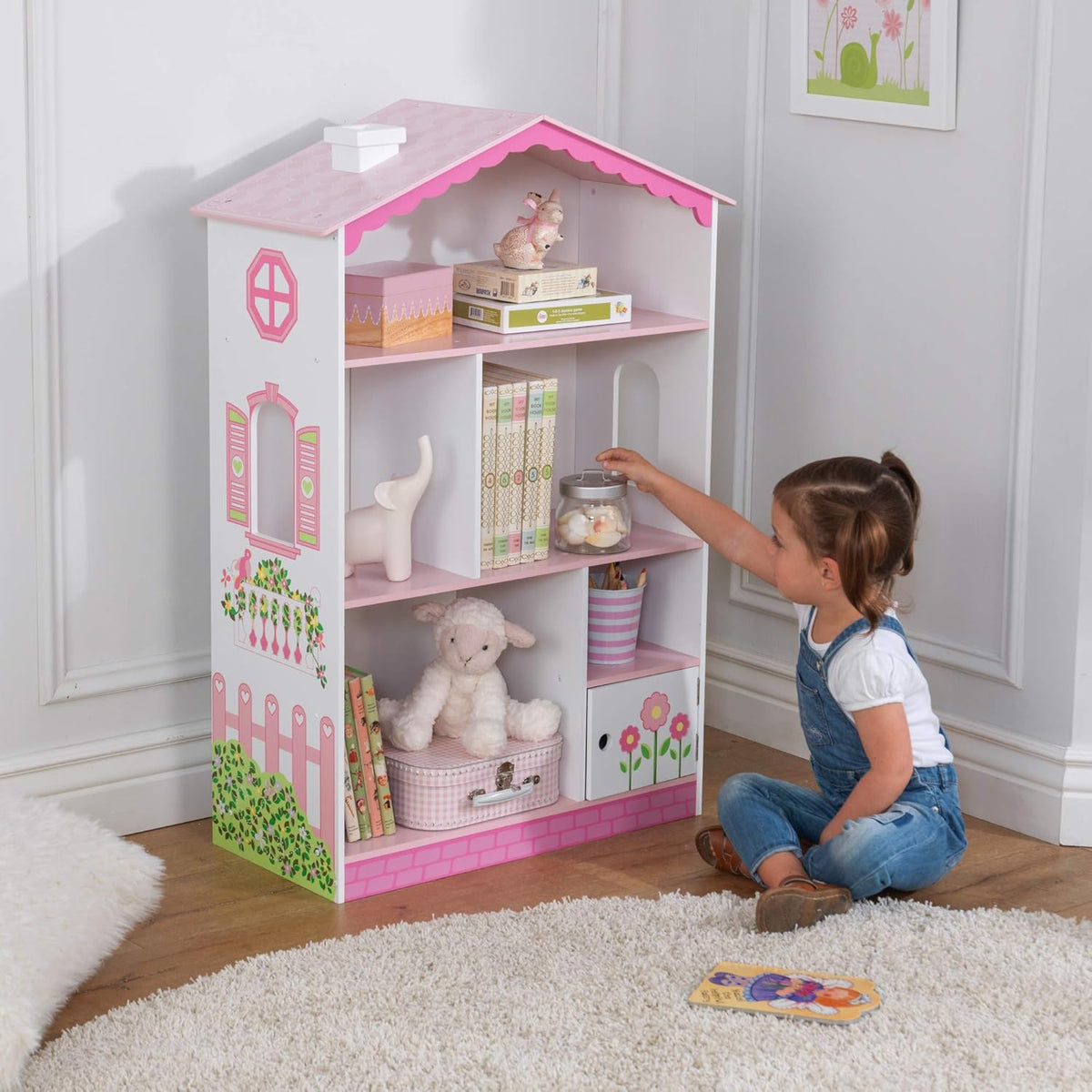 Wooden Dollhouse Bookcase with Shelves and Hidden Storage C914872