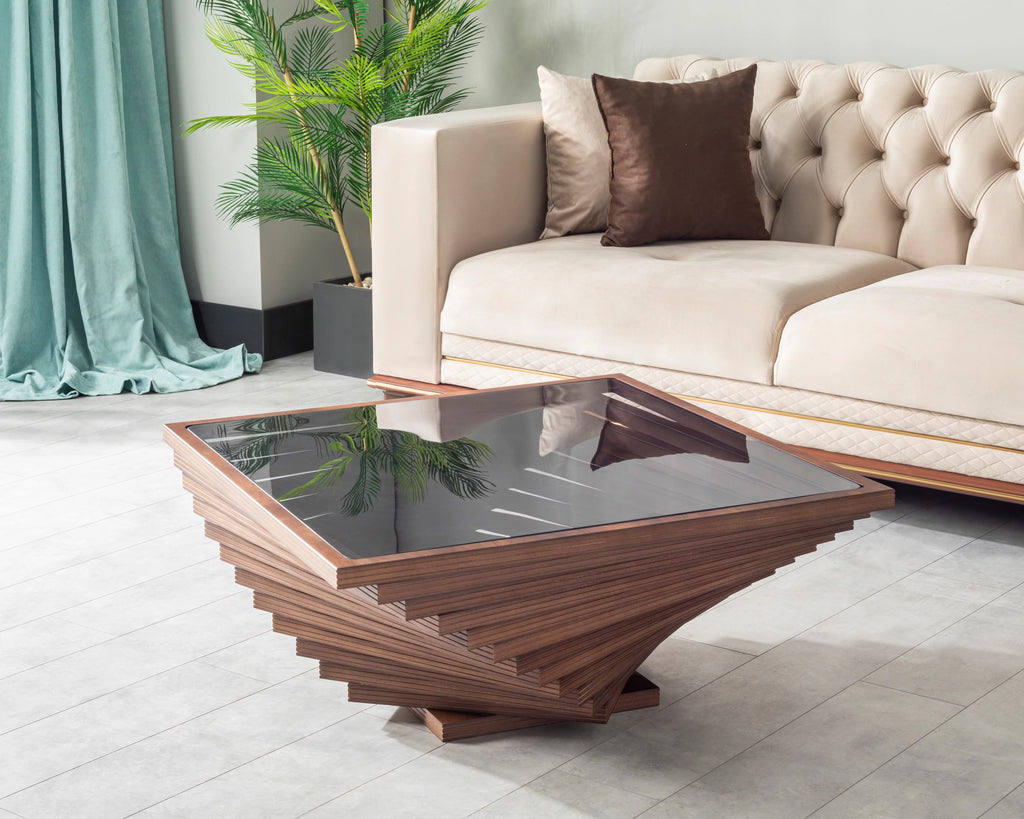 Brown Wooden Coffee Table with Glass J674
