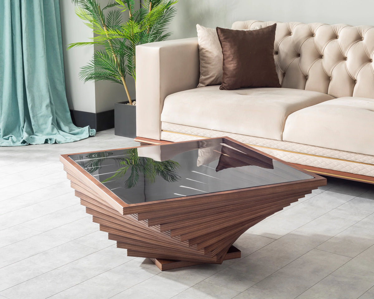 Brown Wooden Coffee Table with Glass J674