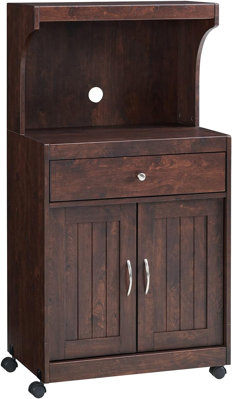 White Microwave Cart with Double Door Cabinet, 1 Drawer, and Top Shelf F375