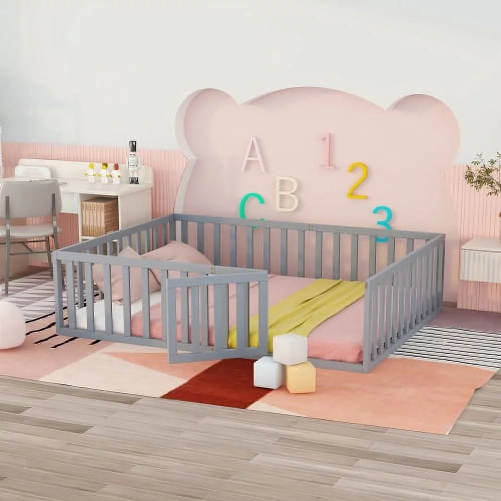 Twin Size Solid Wood Floor Bed Frame with Fence and Door R9671
