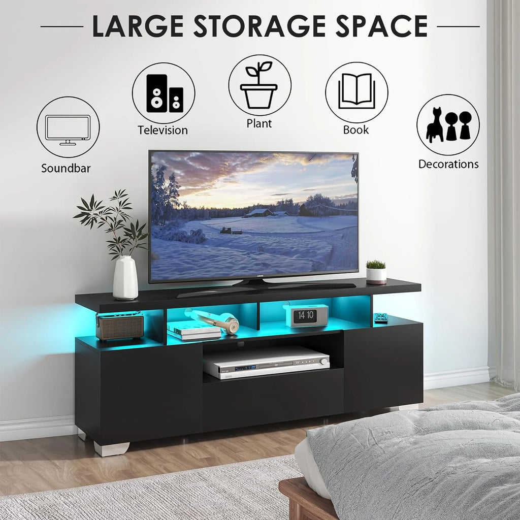 Modern TV Stand with Power Outlet and LED Lights J477