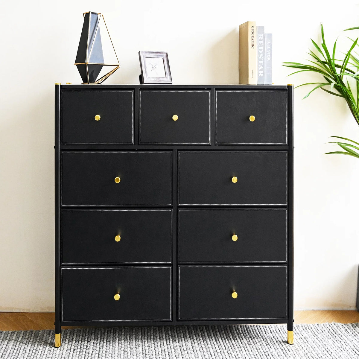 Black 9 Drawer Fabric Dresser with PU Leather Top M551710