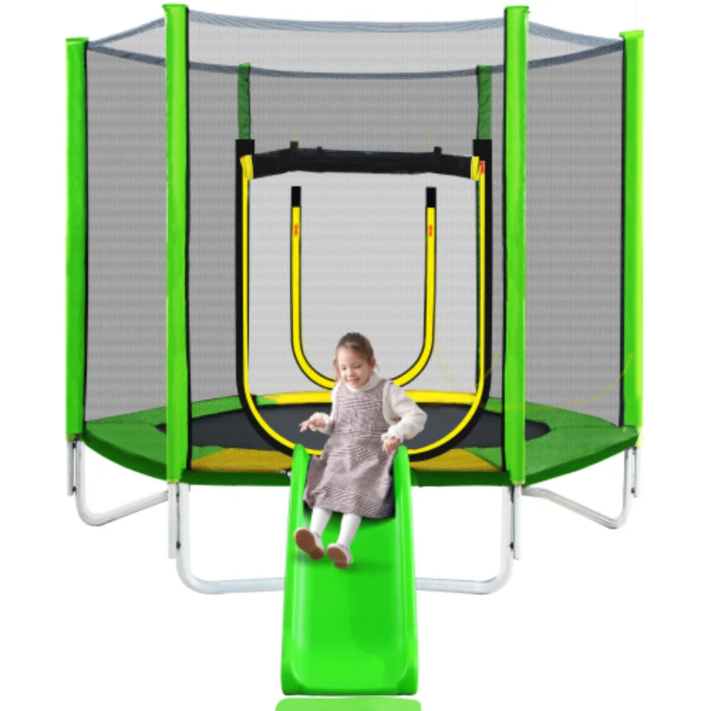 7FT Round Trampoline with Safety Enclosure Net, Slide and Ladder B6062