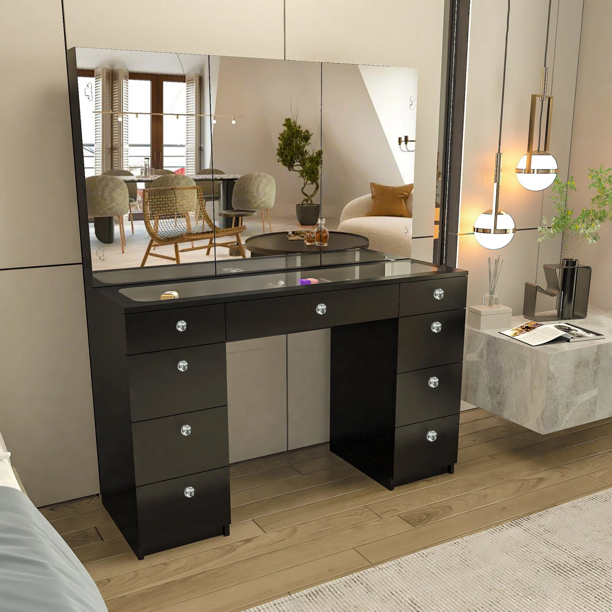 Black Painted Vanity Table with Crystal Knobs S32098