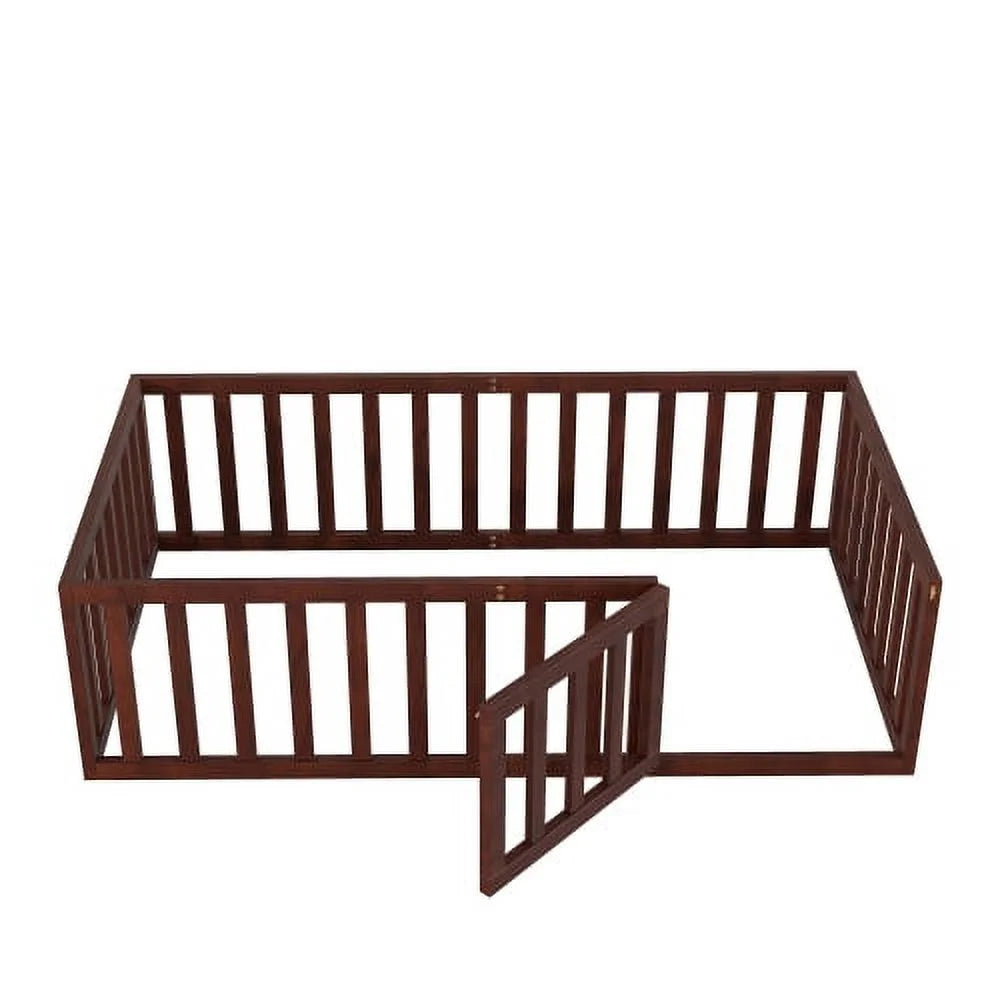 Twin Size Solid Wood Floor Bed Frame with Fence and Door R9671