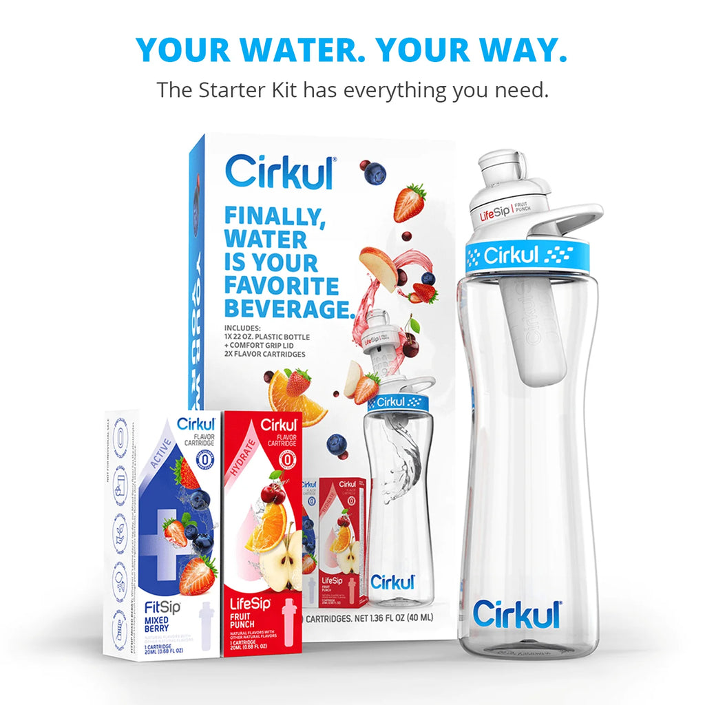 22oz Plastic Water Bottle Starter Kit with Blue Lid and 2 Flavor Cartridges H26967