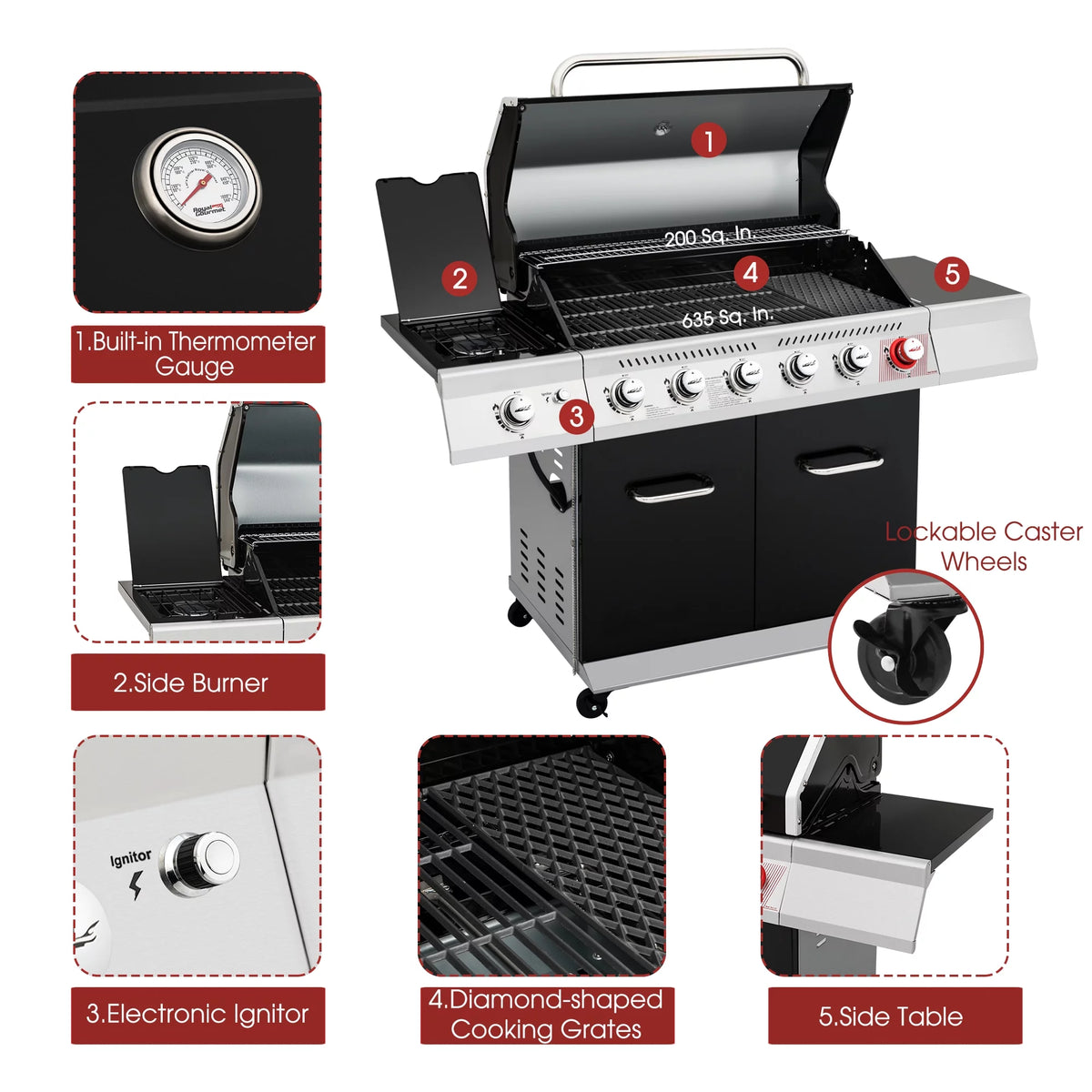 6-Burner Gas Grill with Sear Burner and Side Burner Z796372