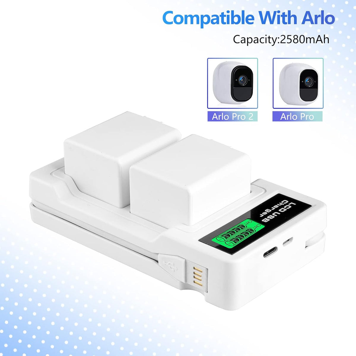 2-Pack 2580mAh Li-ion Rechargeable Batteries with Charger Station for Arlo Pro/Pro 2 Camera V615