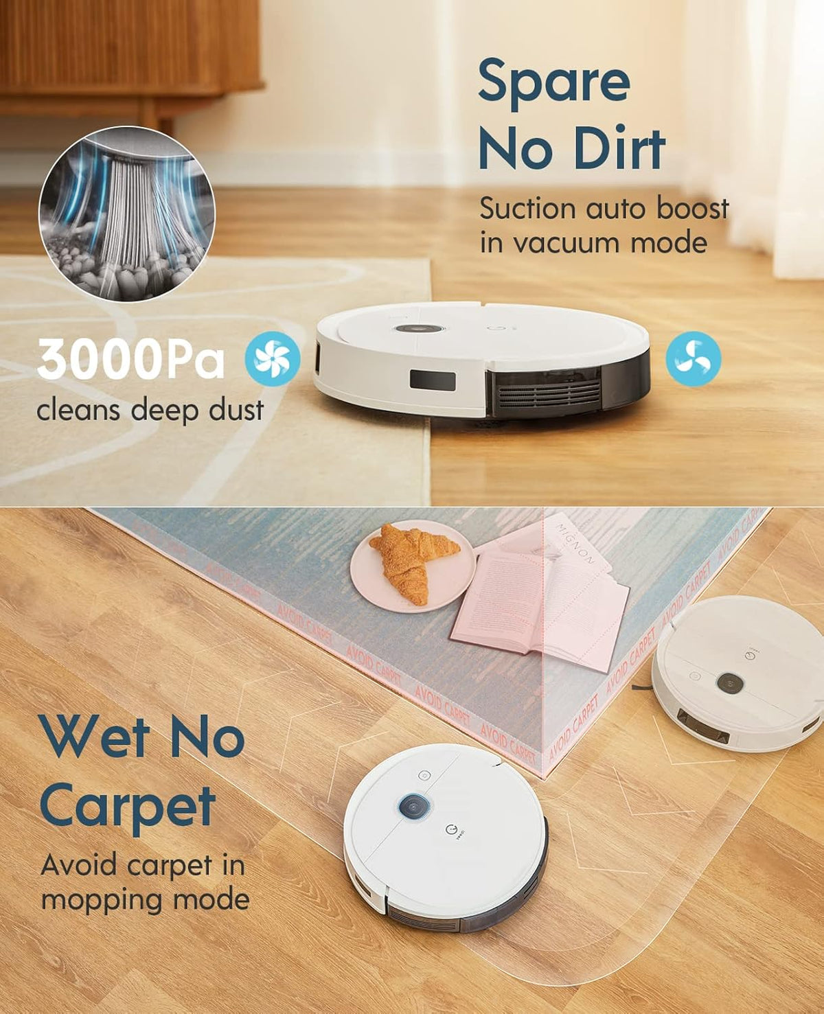 Robot Vacuum and Mop Combo, 3000Pa Suction, 240mins Runtime N828258