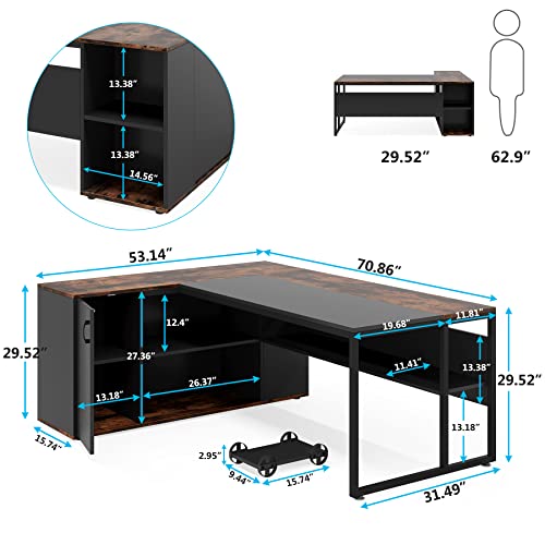 71 inch L Shaped Desk with Cabinet Storage and Shelves P984