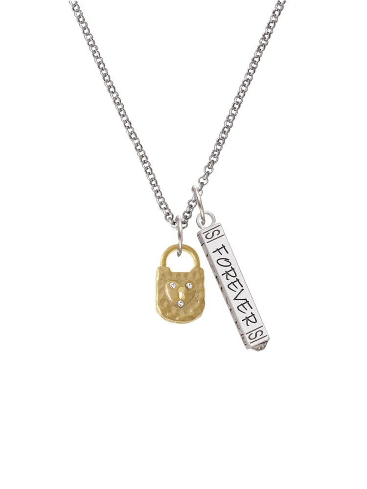 Goldtone Hammered Lock with Heart Crystals Silvertone Bar Charm Necklace, 23" I22996