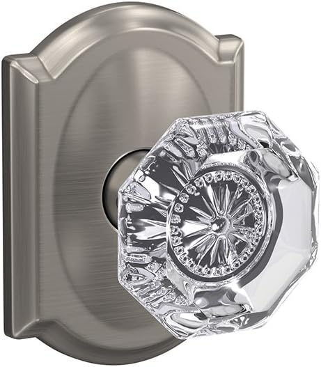 Non-Turning Glass Knob with Camelot Trim, Satin Nickel E7321