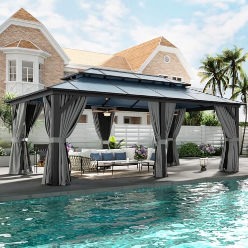 12'x16' Hardtop Aluminum Gazebo with Curtains and Netting S45001