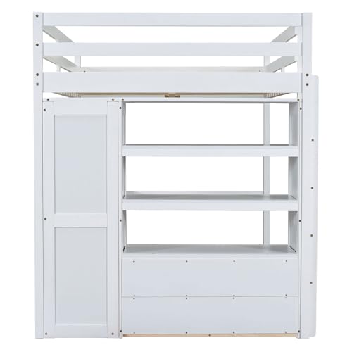 Full Size Solid Wood Loft Bed with Desk and Wardrobe K71112