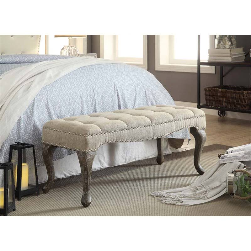 Washed Natural Linen Nailhead Bedroom Bench Q6691