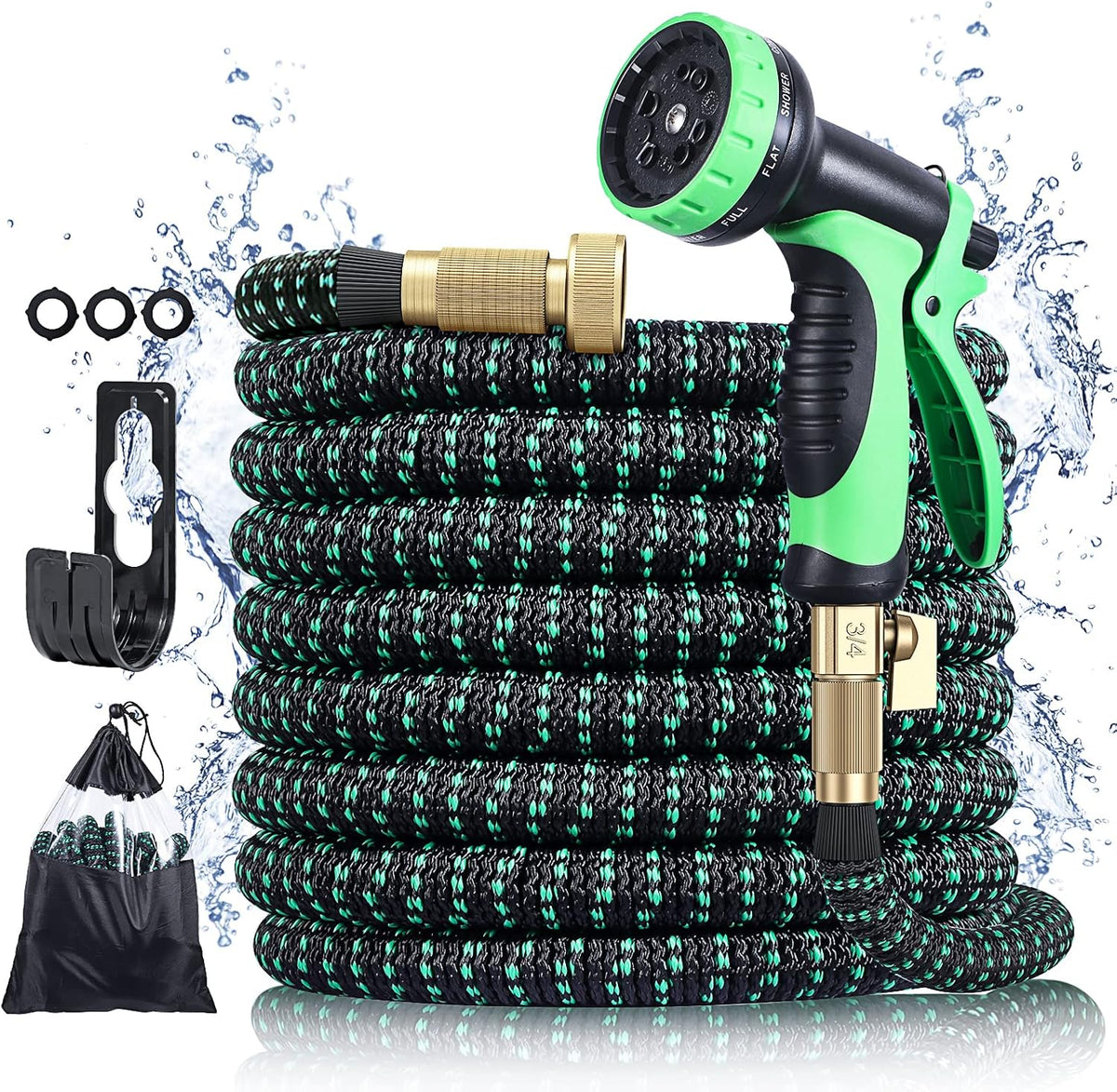 Expandable Garden Hose 100ft Heavy Duty Flexible Water Hose with 10 Function Sprayer Nozzle, 3/4 inch Solid Brass Fittings R16197