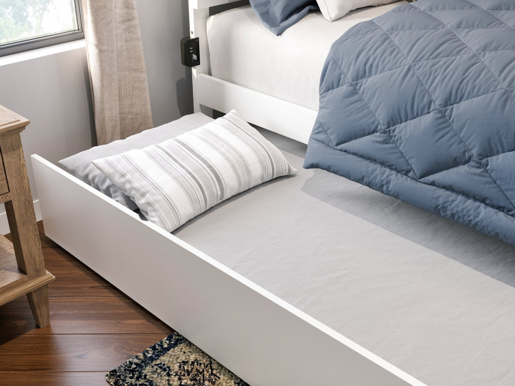 White Solid Wood Platform Bed with Footboard & Twin XL Trundle, Queen N430394