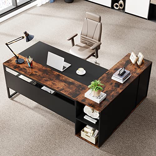 71 inch L Shaped Desk with Cabinet Storage and Shelves P984