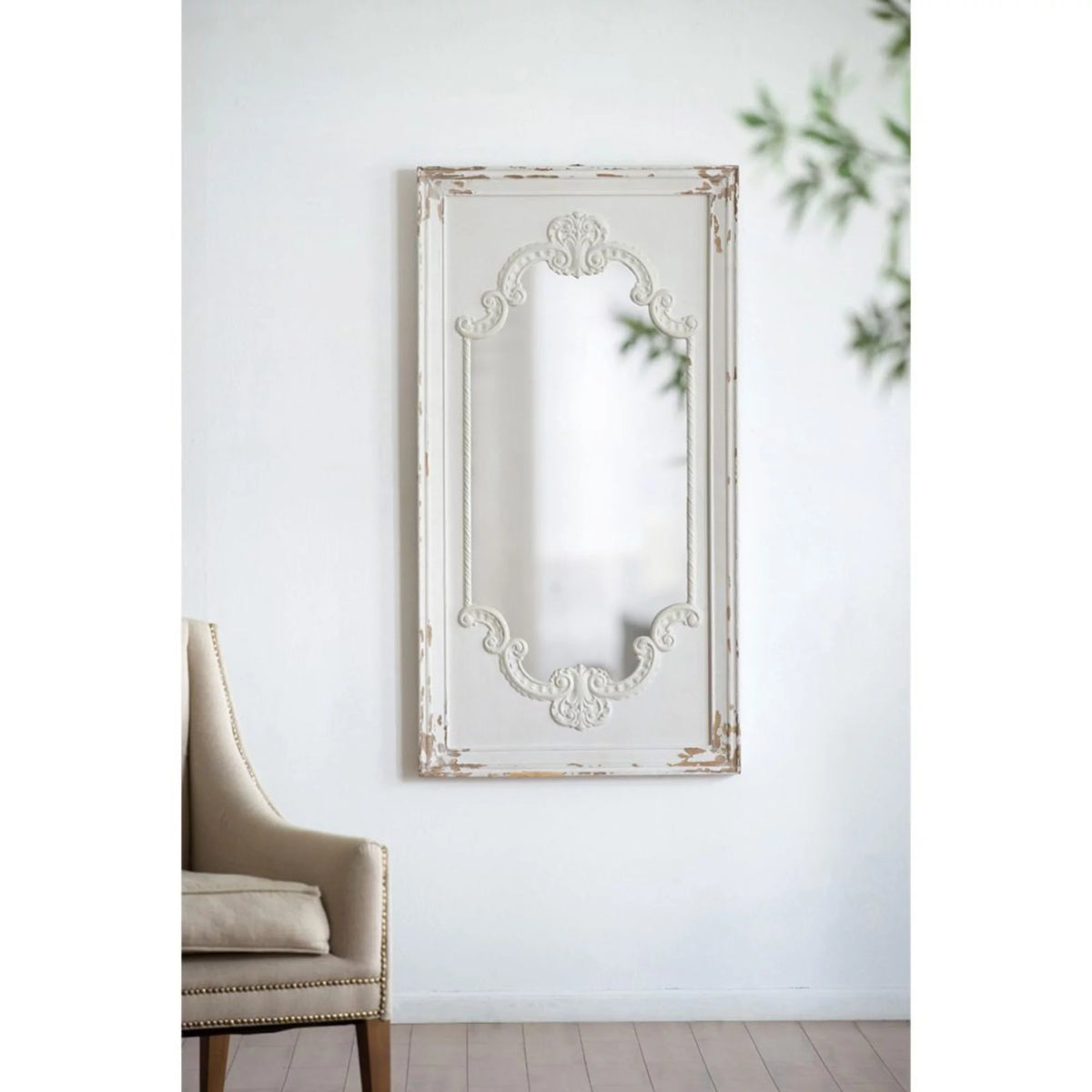White Antique Style Large Rectangular Wall Mirror N268656