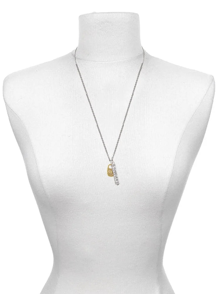 Goldtone Hammered Lock with Heart Crystals Silvertone Bar Charm Necklace, 23" I22996