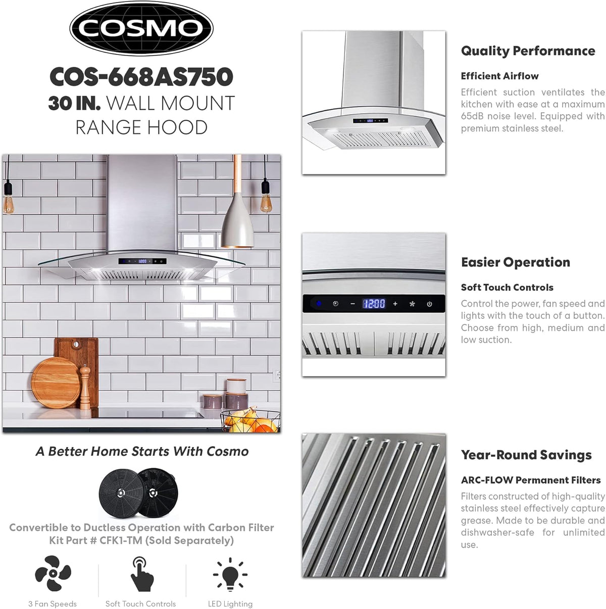 30 in. Wall Mount Range Hood with Curved Glass in Stainless Steel K75114