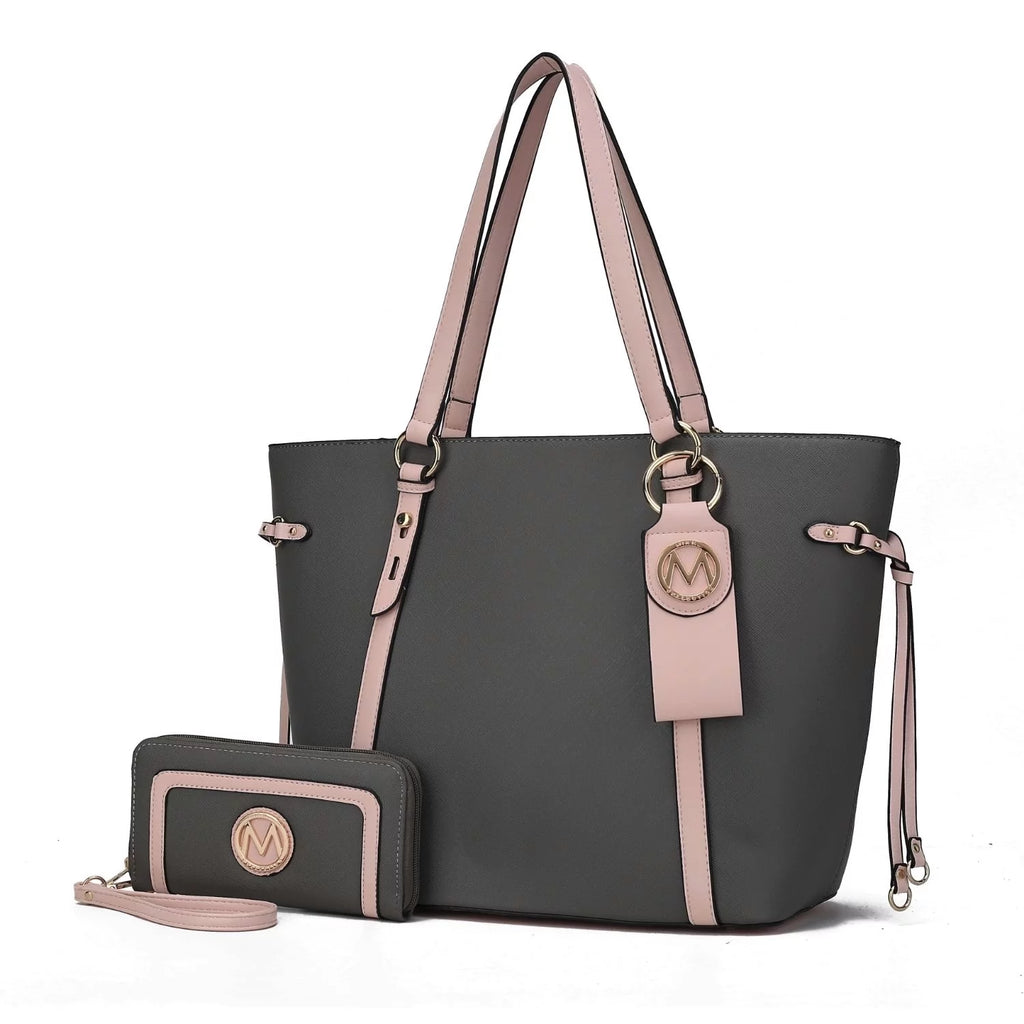 3 Pcs Vegan Leather Tote Bag Wristlet Wallet and Keyring Set J4195