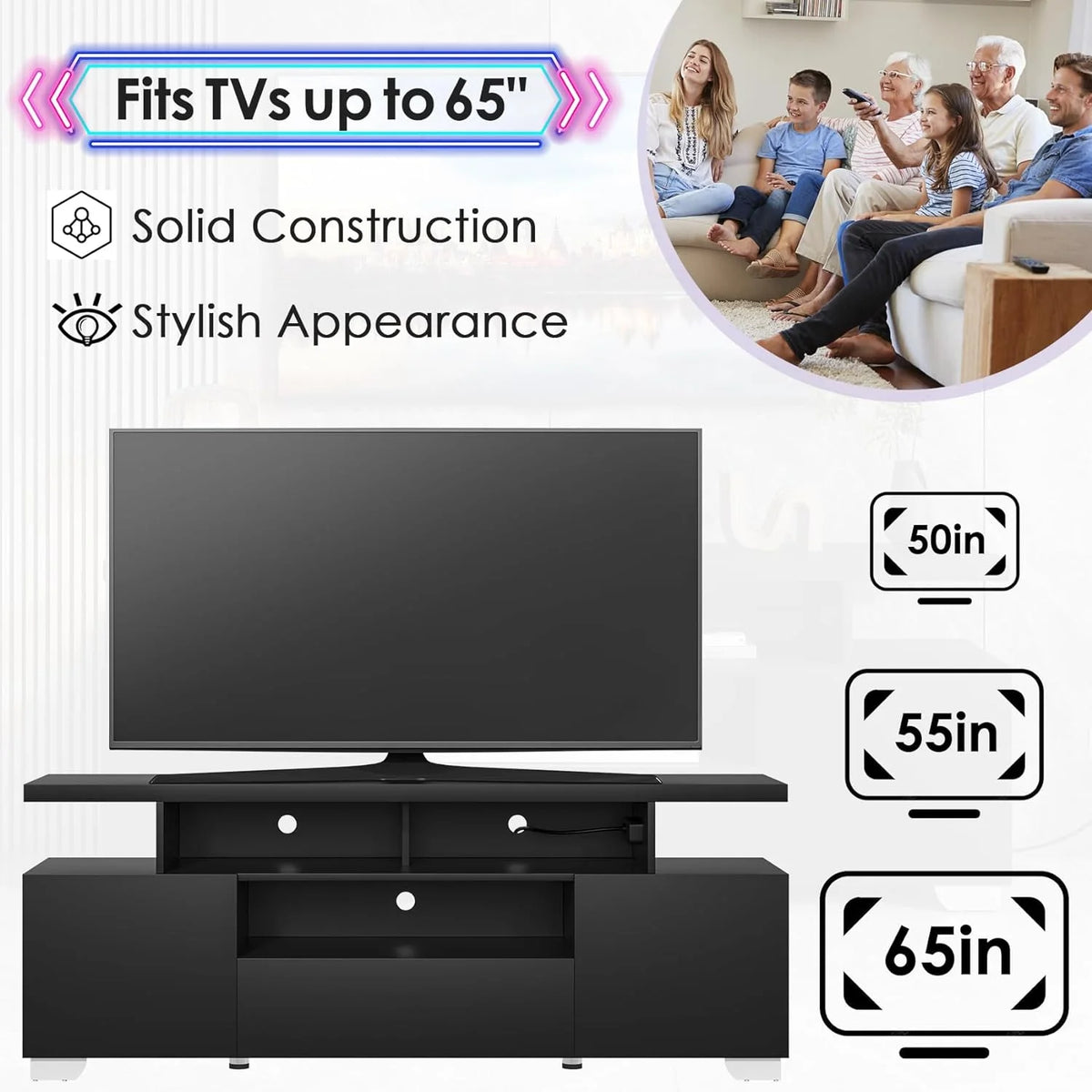 Modern TV Stand with Power Outlet and LED Lights J477
