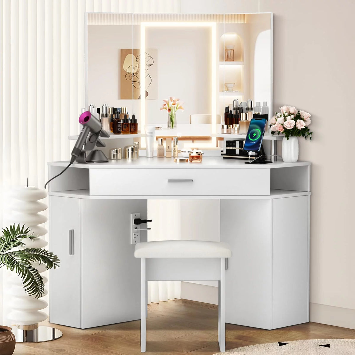 Corner Makeup Vanity Desk with Lighted Mirror 6 Drawers S571864