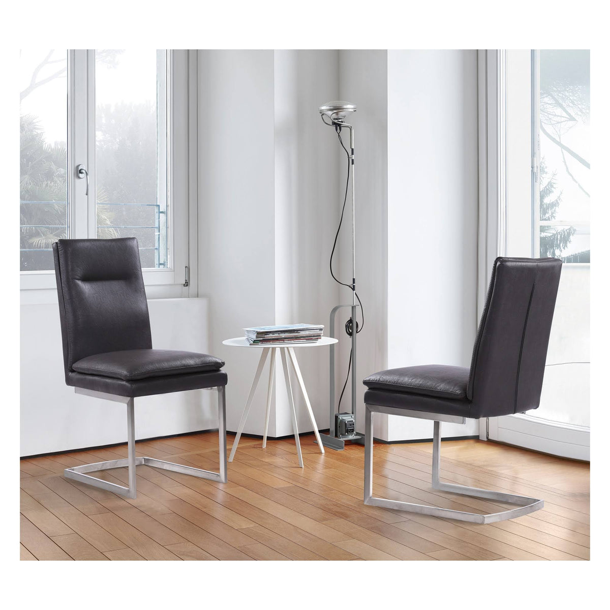 Grey Faux Leather Dining Chair with Brushed Stainless Steel Finish - Set of 2 C398