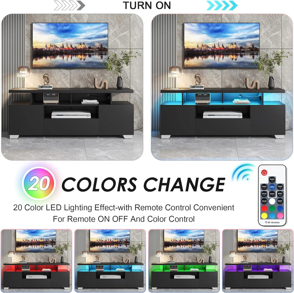 Modern TV Stand with Power Outlet and LED Lights J477