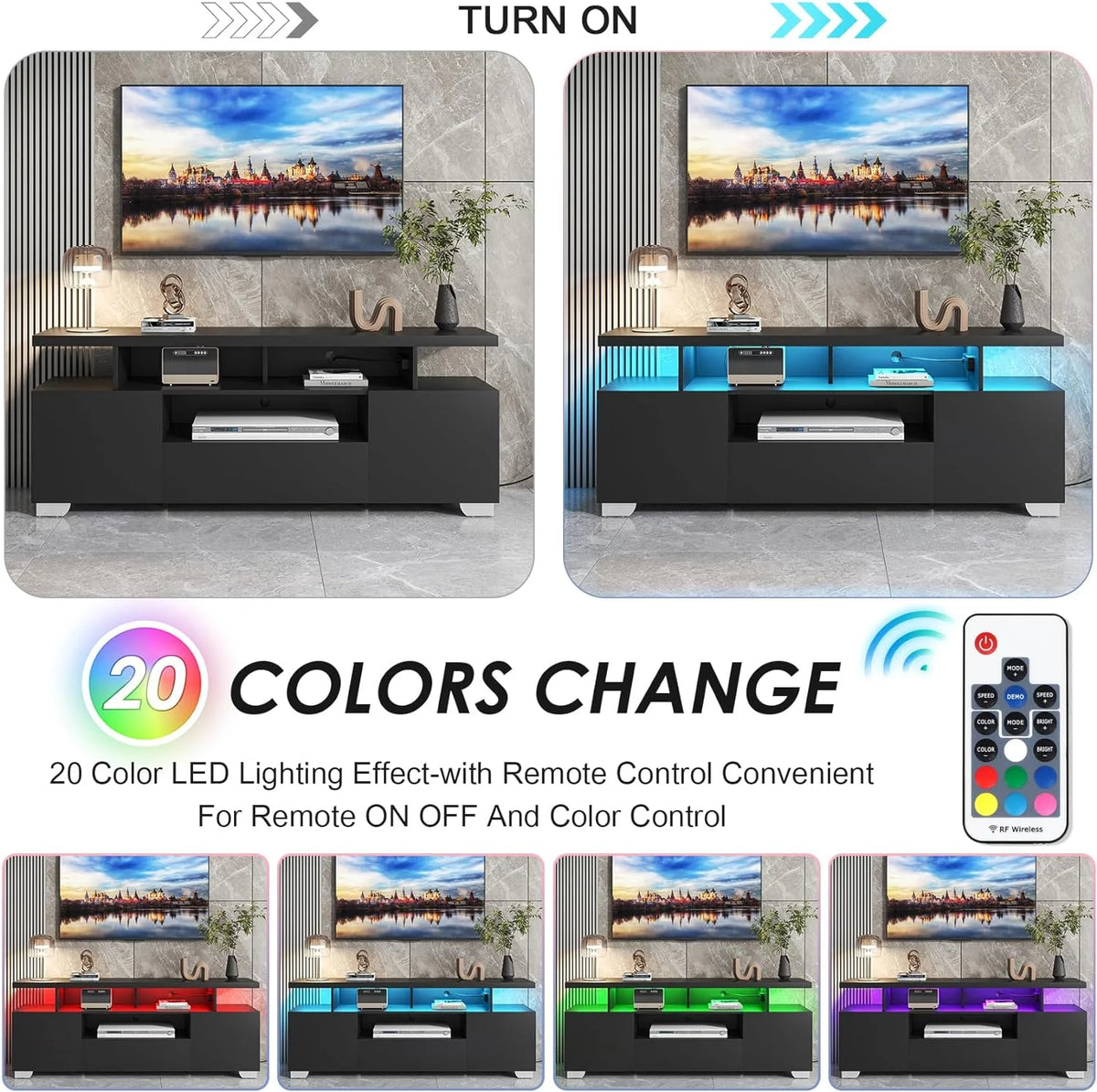 Modern TV Stand with Power Outlet and LED Lights J477
