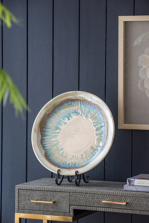 18" Blue and Beige Ceramic Charger with Stand B466294