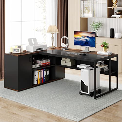 71 inch L Shaped Desk with Cabinet Storage and Shelves P984