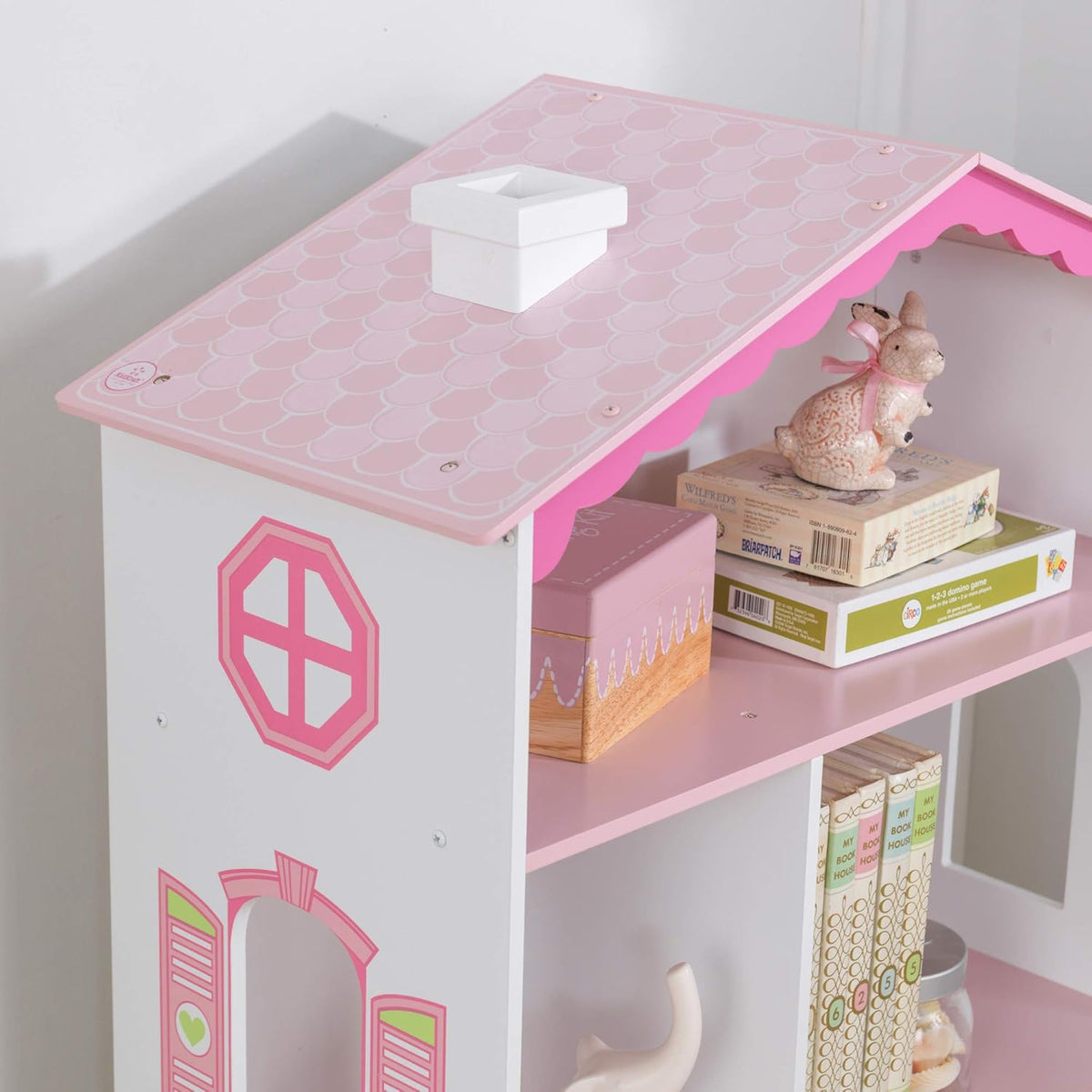 Wooden Dollhouse Bookcase with Shelves and Hidden Storage C914872