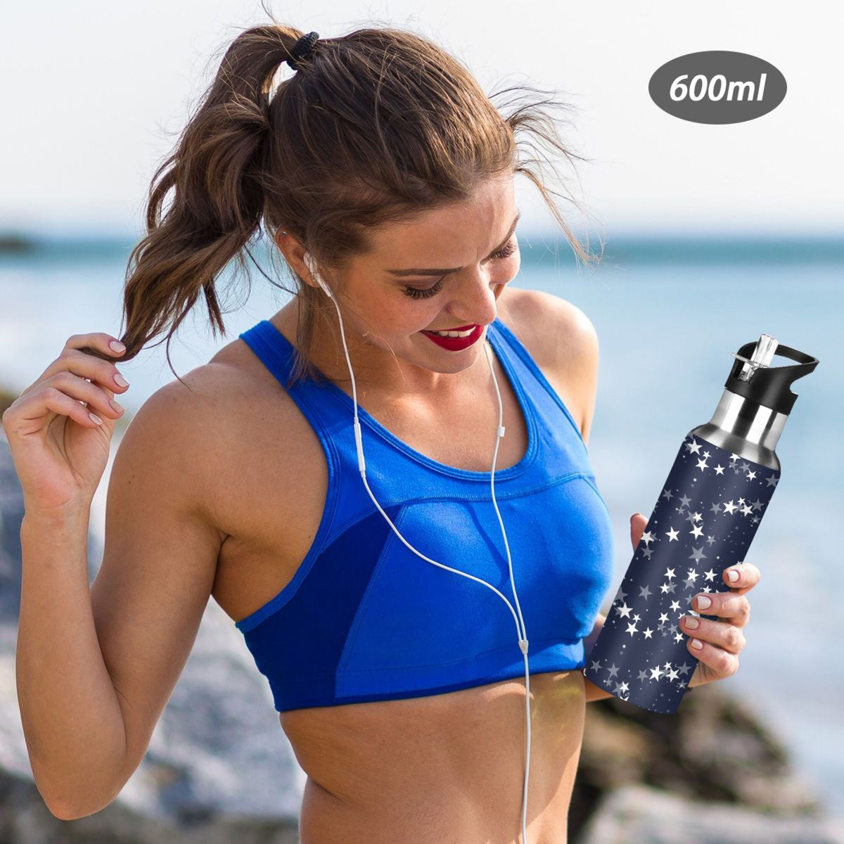 Navy Stainless Steel Insulated Water Bottle with Straw Lid Q2094