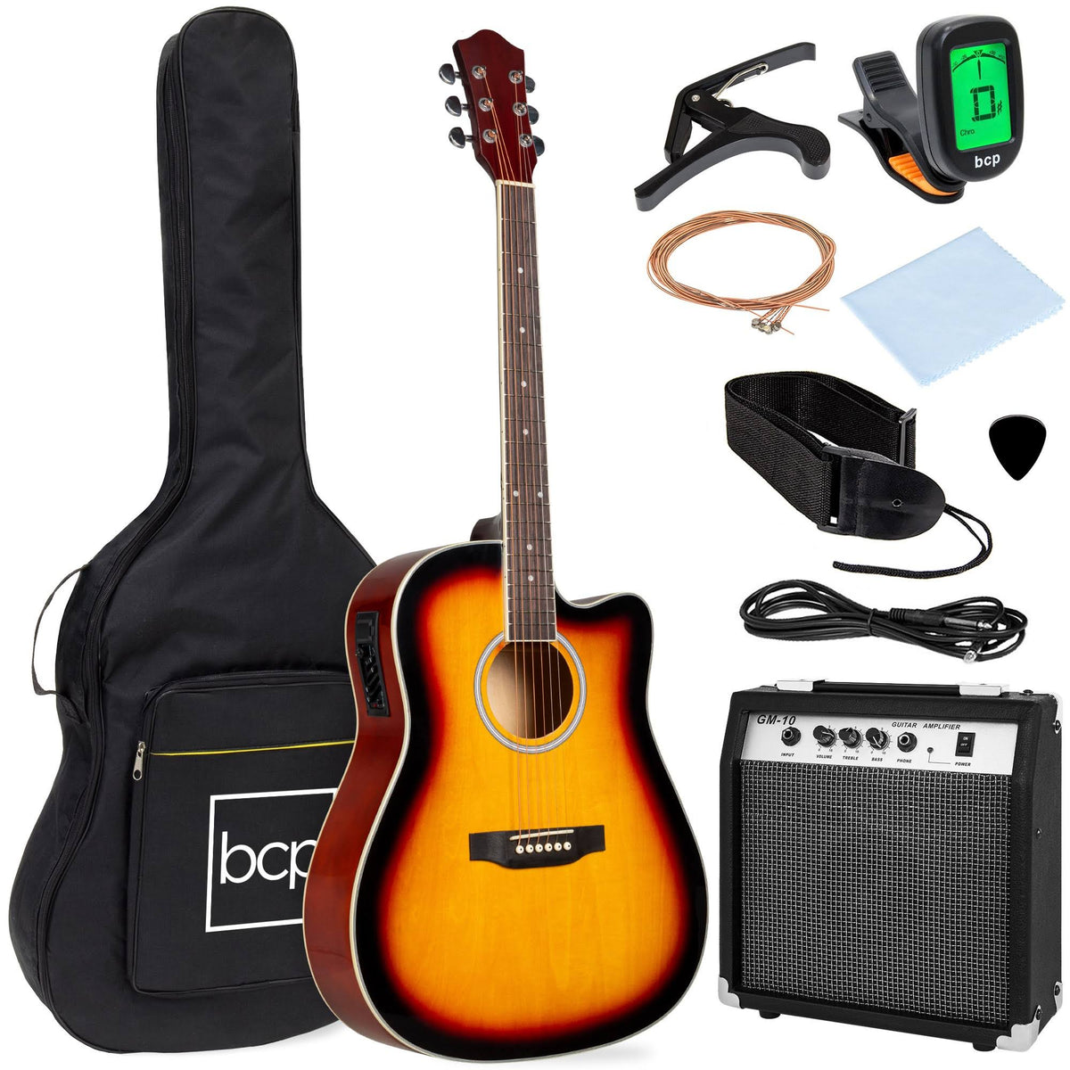 41in Full Size Acoustic Electric Cutaway Guitar Set with Amp, Capo, E-Tuner, Case Z186