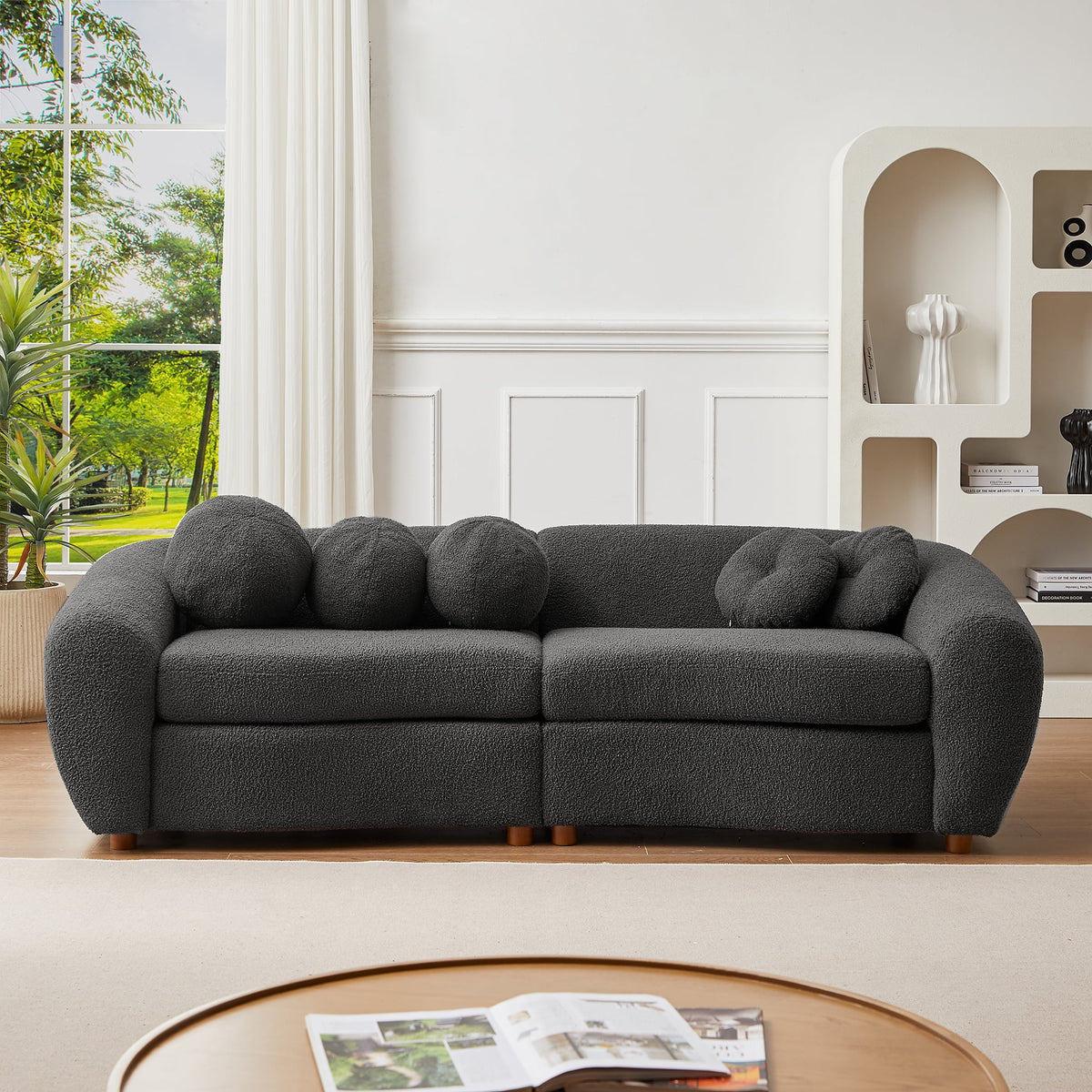 87.7" Gray Teddy Upholstered 3 Seater Sofa with 5 Pillows W780