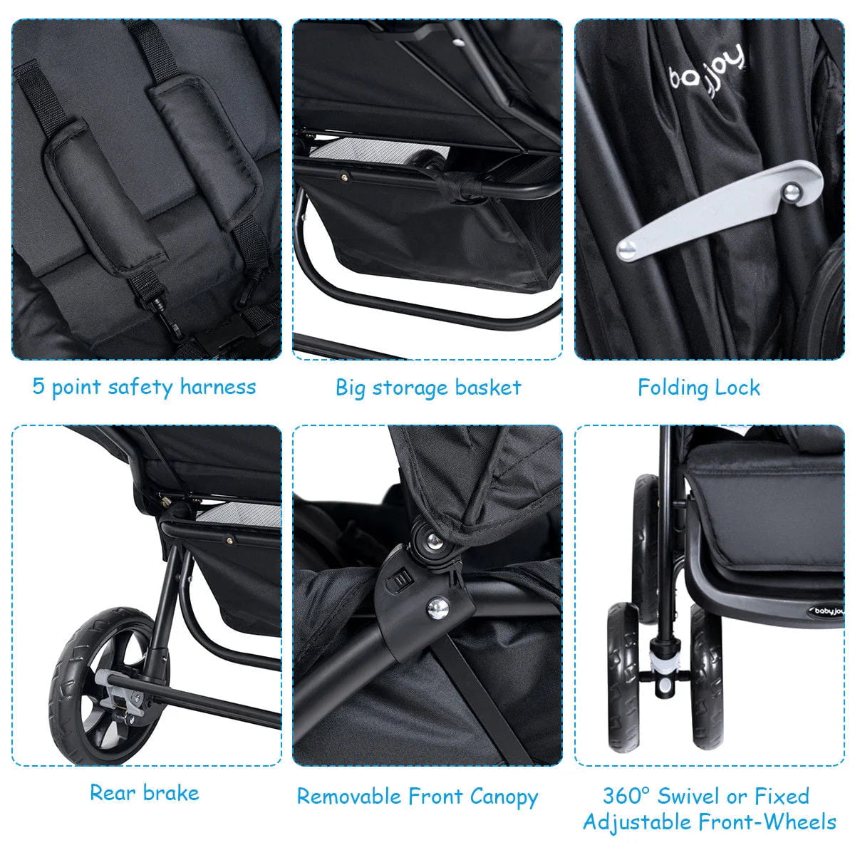 Foldable Lightweight Double Stroller Black T89124