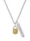 Goldtone Hammered Lock with Heart Crystals Silvertone Bar Charm Necklace, 23" I22996