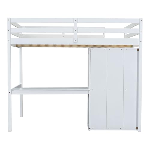 Full Size Solid Wood Loft Bed with Desk and Wardrobe K71112