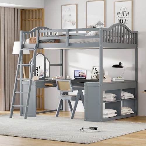 Full Size Solid Wood Loft Bed with Desk and Wardrobe K71112
