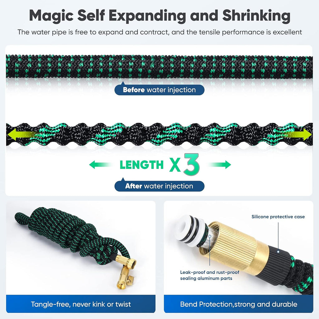 Expandable Garden Hose 100ft Heavy Duty Flexible Water Hose with 10 Function Sprayer Nozzle, 3/4 inch Solid Brass Fittings R16197