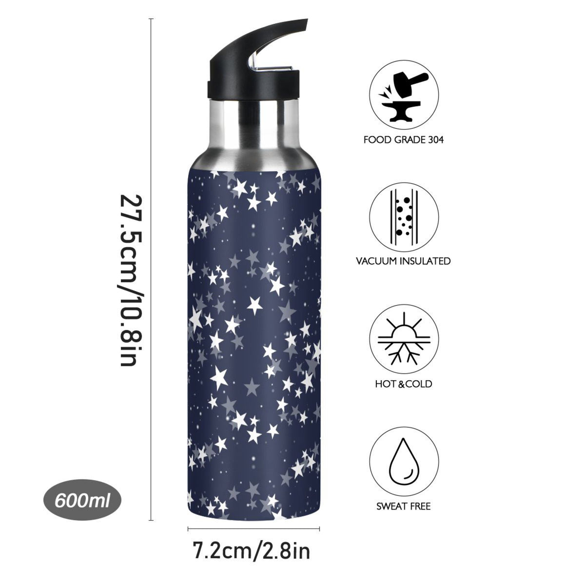 Navy Stainless Steel Insulated Water Bottle with Straw Lid Q2094